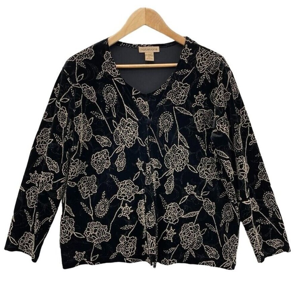 Notations Cardigan Top Set Womens XL Black Gold Beaded Sparkle Polyester‎ Velvet